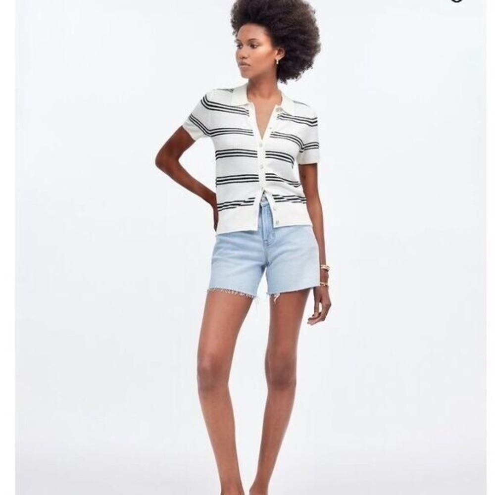 Madewell‎ Striped Sweater Polo Top Button Up Short Sleeve Knit Cream Black XXS